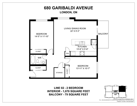 A floor plan for a property at 680 Garibaldi Avenue in London, Ontario, showing the layout of the bedrooms, living/dining room, kitchen, and balcony.